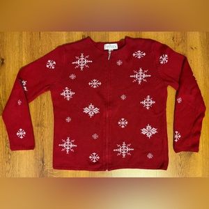 Christmas Sweater Casual Corner Annex Snowflake Zip Up Cardigan Red Women’s L